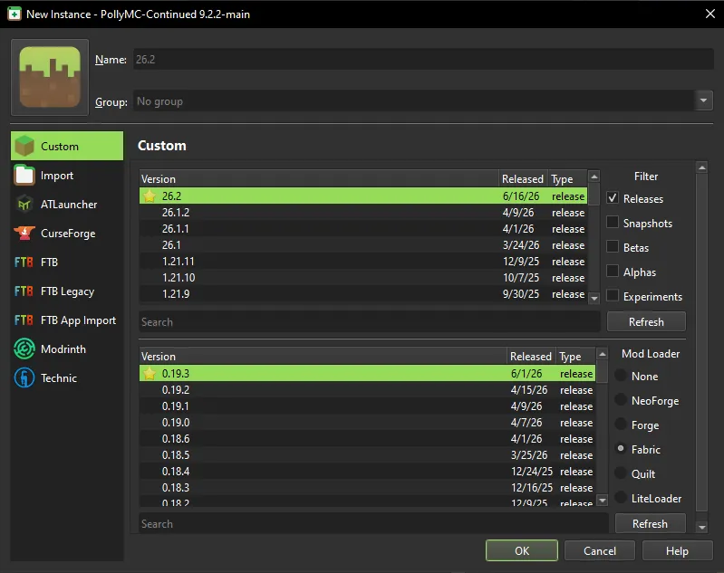 Instance management screen